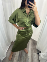 Load image into Gallery viewer, Olive Satin Cargo Skirt Set
