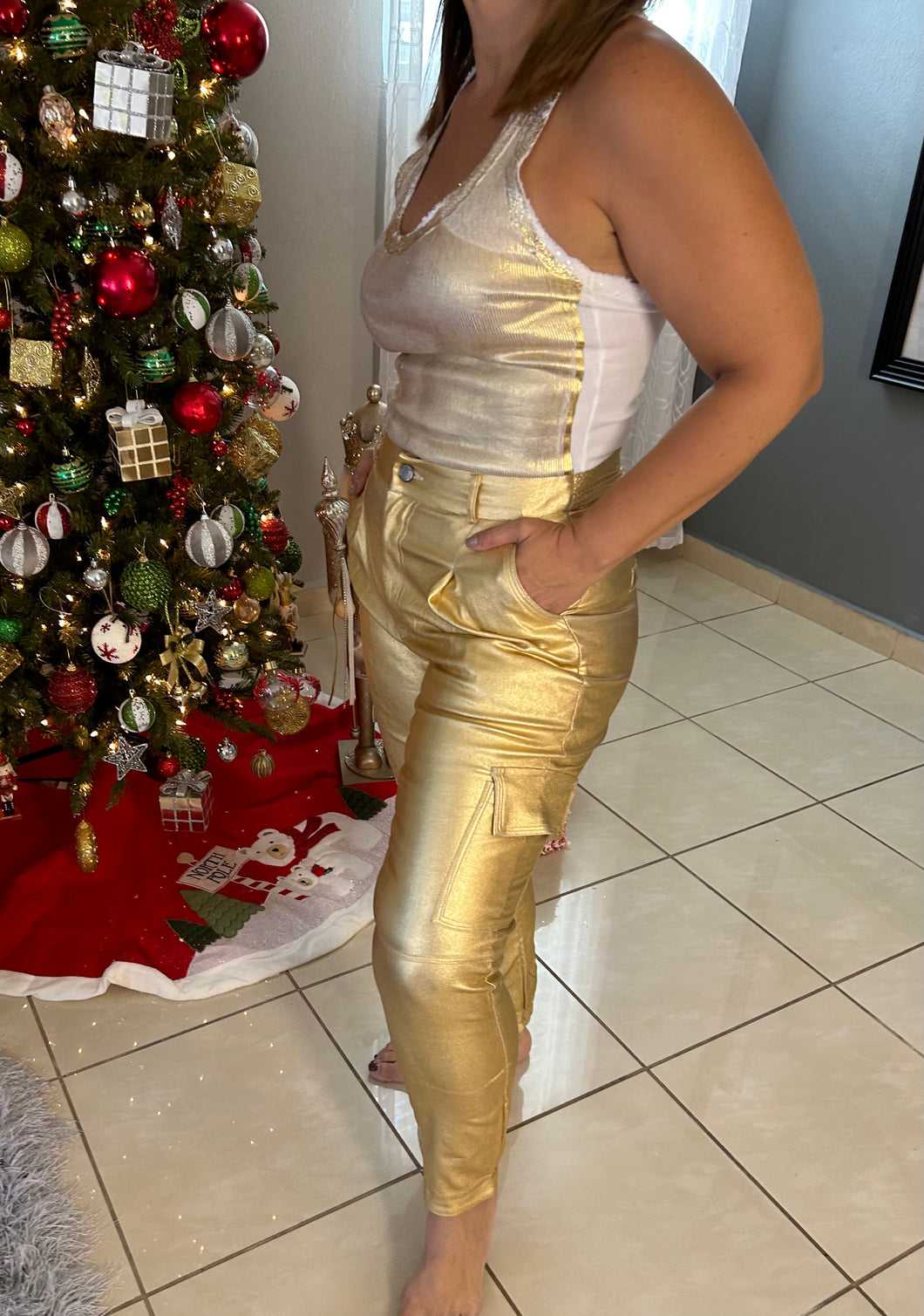 Faux Cargo Metallic Gold Stretch Pant