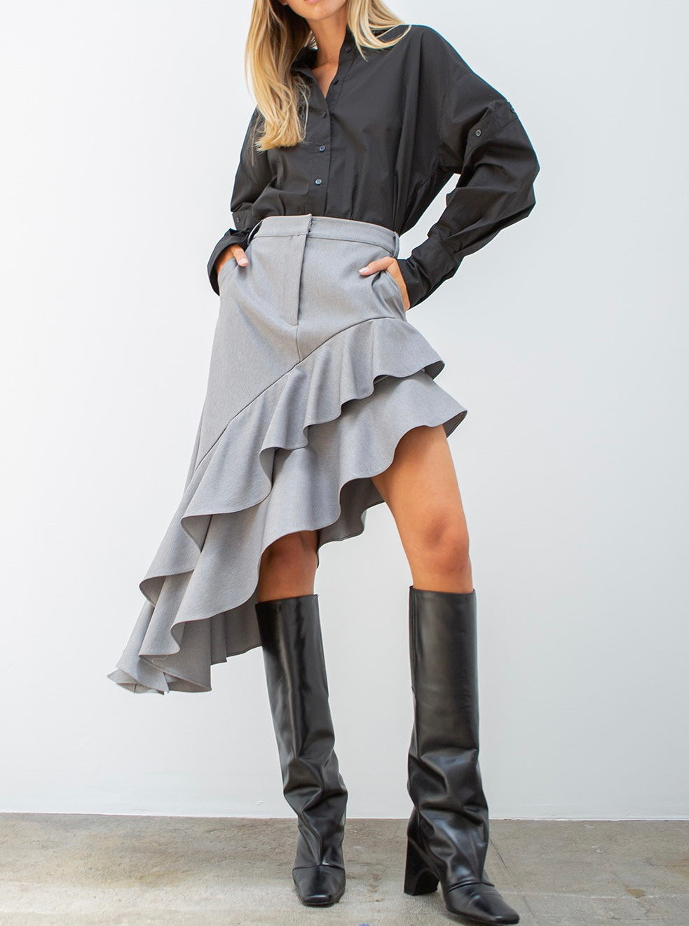 Grey Asymmetric Ruffle Skirt