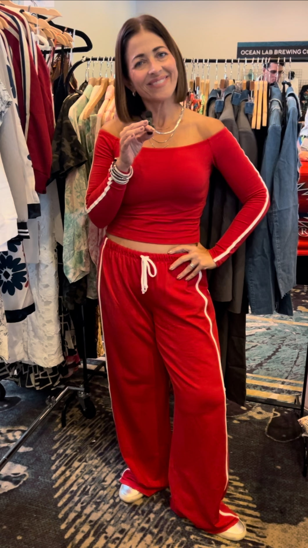 Red Strapping Pant Set