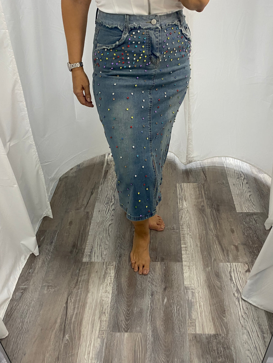 Rhinestone Denim Midi Skirt