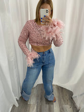 Load image into Gallery viewer, Pink Feather Sequin Crop Top
