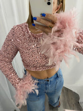 Load image into Gallery viewer, Pink Feather Sequin Crop Top
